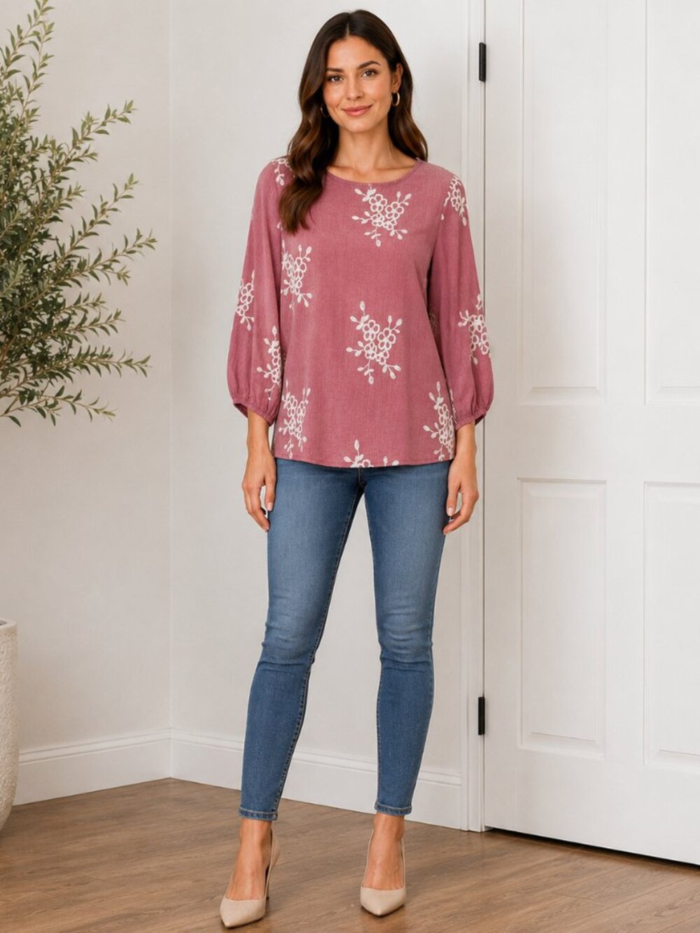 Anneliese Embroidered Floral Peasant Blouse | Mauve | Large